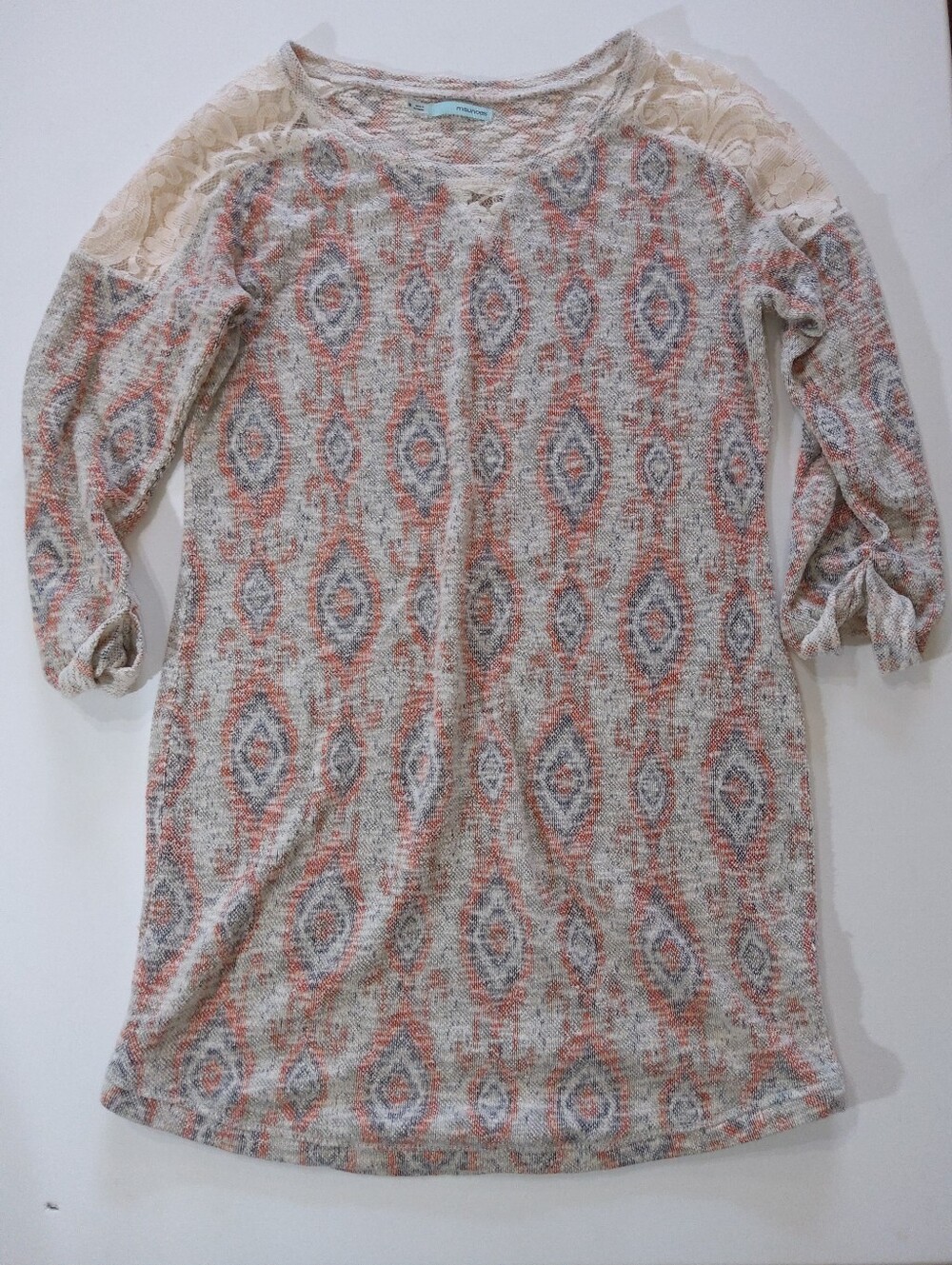Maurices Knit Mini Sweater Dress Womens Medium Grey‎ Blue Ikat Lace Shoulder